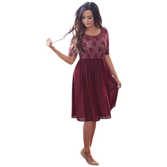 Pinkarose Burgundy Lace Chiffon Dress Size S - Picture 2 of 7